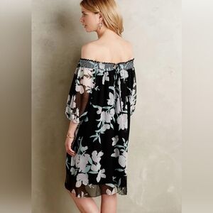 Anthropologie Maeve Black Floral Silk Swing Dress Small (Fits Med And Large Too)